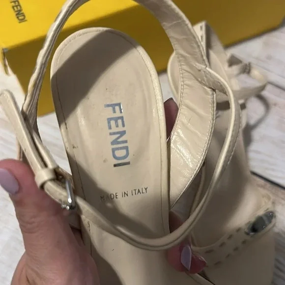 Fendi Leather logo strappy nude Beige party work heels Size 6 - Picture 9 of 11